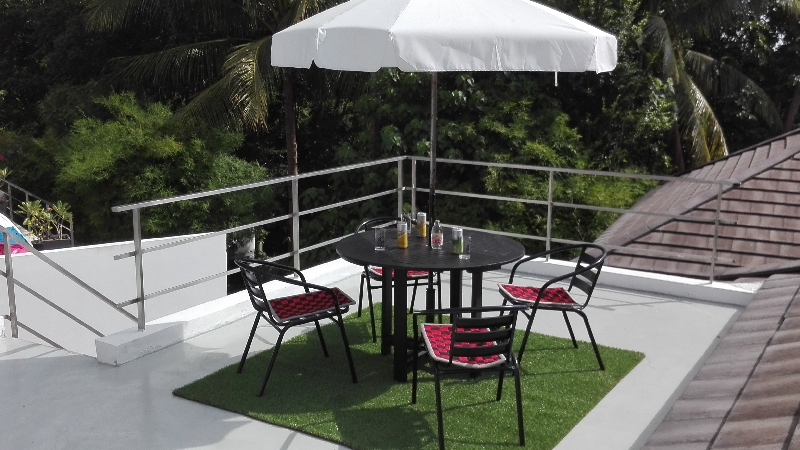 Villa Paris, view of the terrace from the top on the countryside and the sea in the background